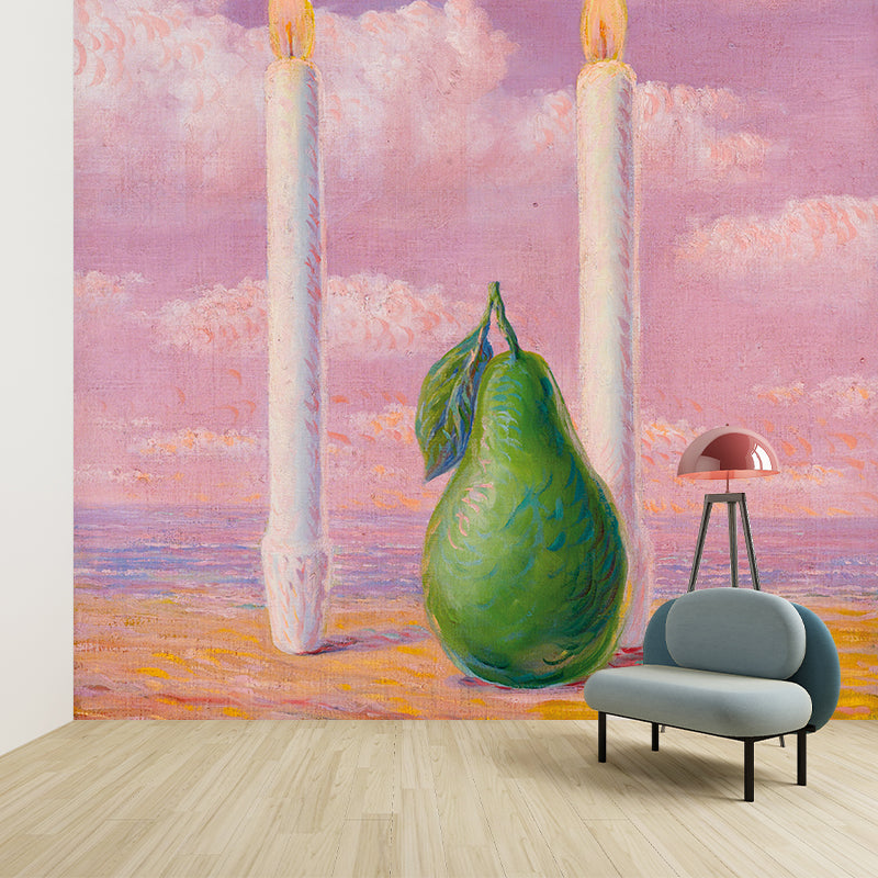 Surrealist Pear and Candle Murals Pink-Green Rene Magritte Drawing Wall Decoration