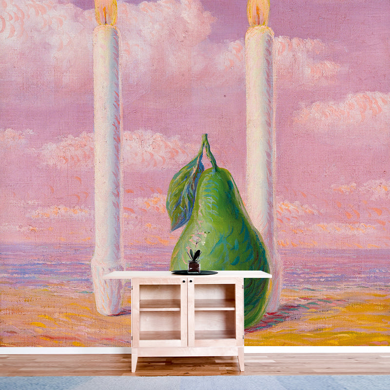 Surrealist Pear and Candle Murals Pink-Green Rene Magritte Drawing Wall Decoration