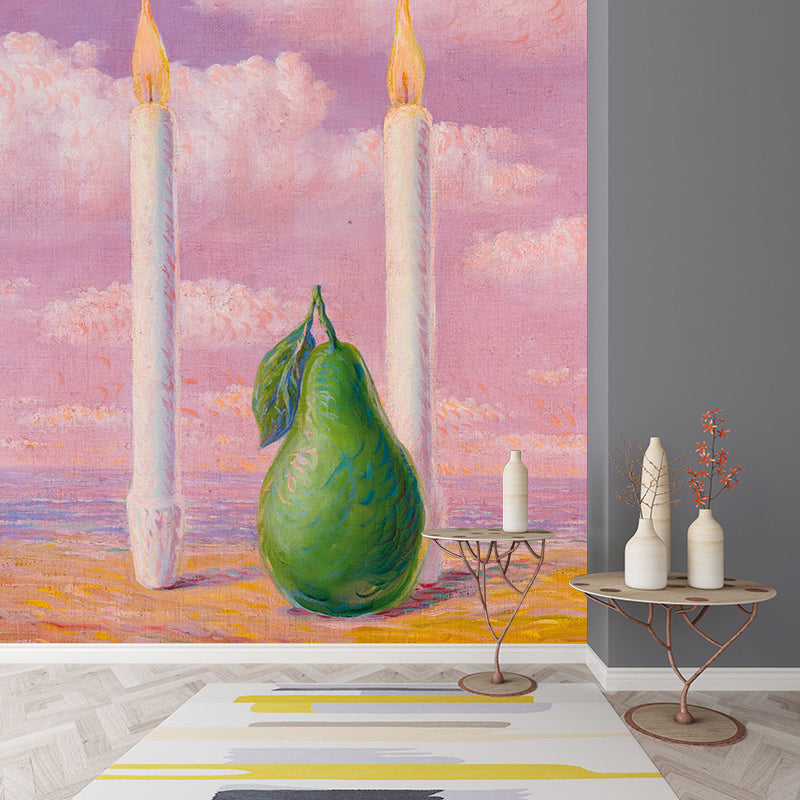 Surrealist Pear and Candle Murals Pink-Green Rene Magritte Drawing Wall Decoration