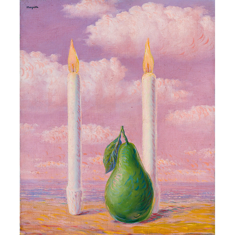 Surrealist Pear and Candle Murals Pink-Green Rene Magritte Drawing Wall Decoration