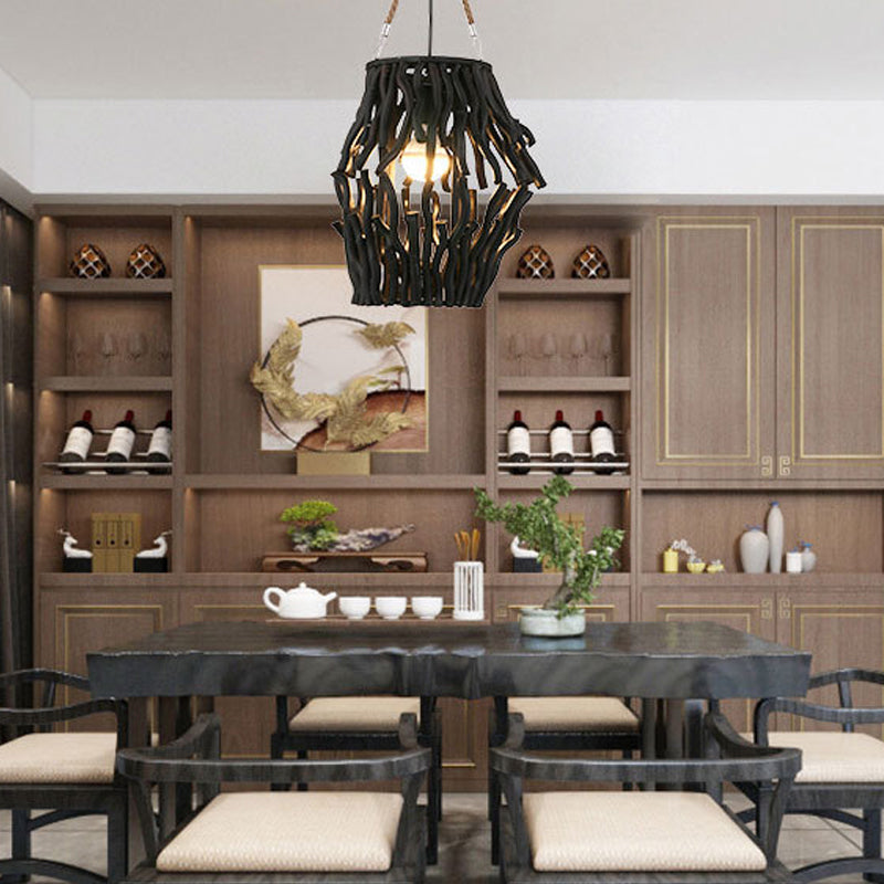 Rustikaler Lauf/Kegel/Globus Anhänger Deckenleichter Holz 1 Glühbirnen Esszimmer Hängende Lampe in Schwarz