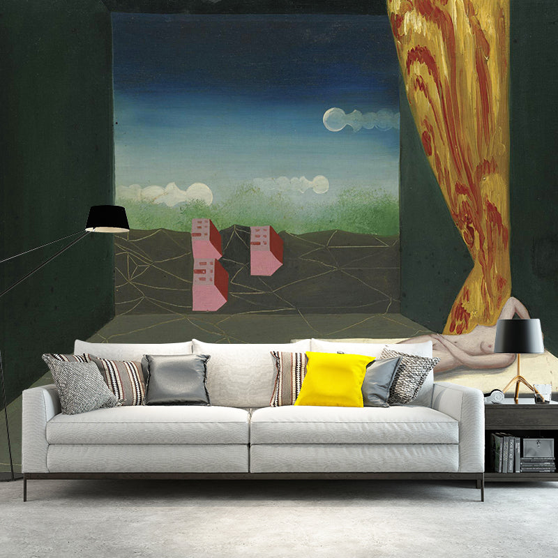 Surrealism Art Gallery Mural Decal Grey-Green Living Room Wall Covering, Made to Measure