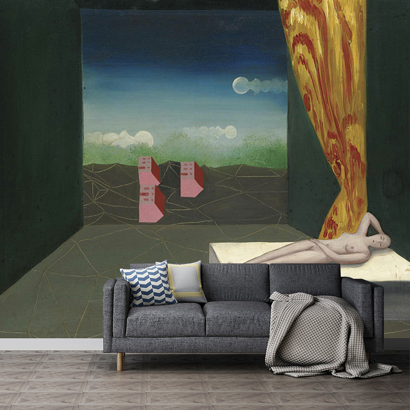 Surrealism Art Gallery Mural Decal Grey-Green Living Room Wall Covering, Made to Measure