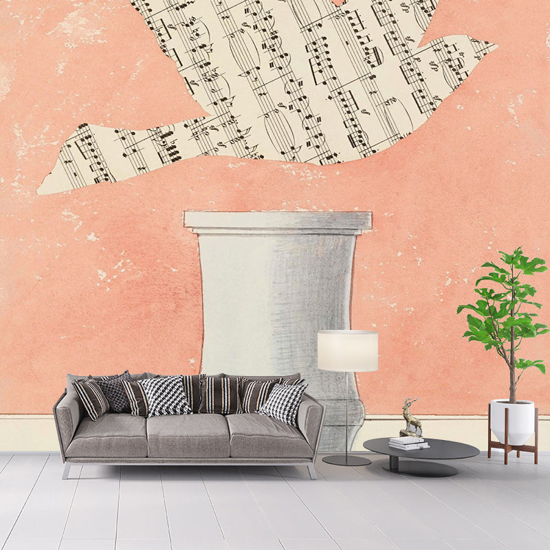 Full Size Sparrow Wall Mural Decal Surreal Enigmatic Musical Note Wall Art in Pink-Blue
