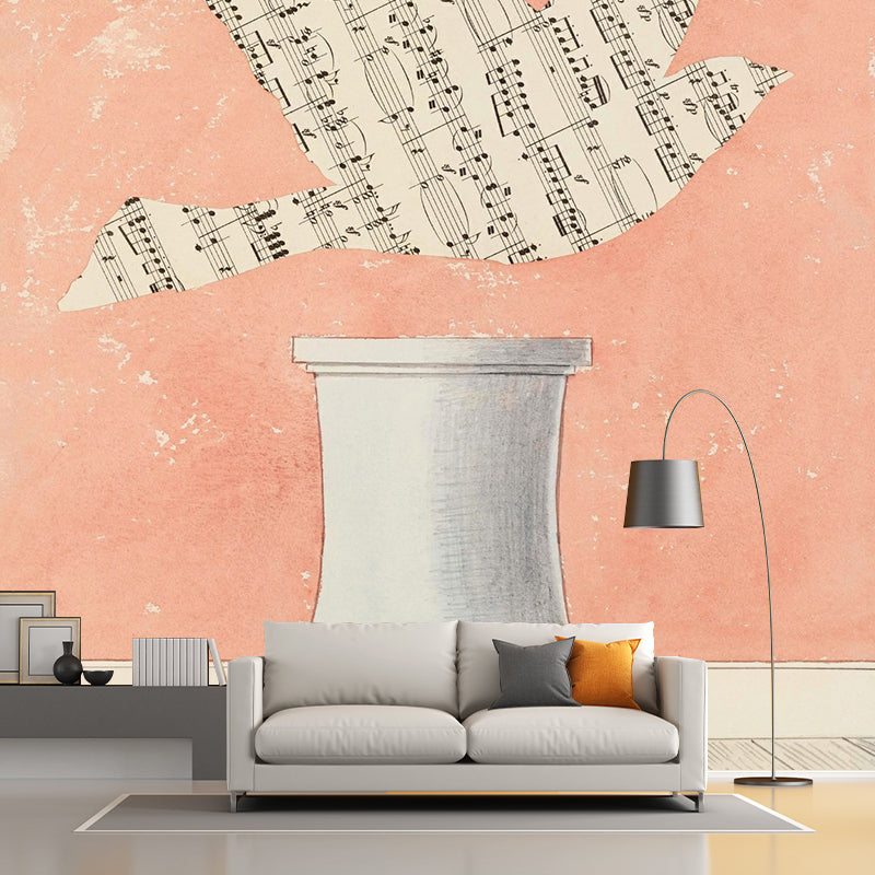 Full Size Sparrow Wall Mural Decal Surreal Enigmatic Musical Note Wall Art in Pink-Blue