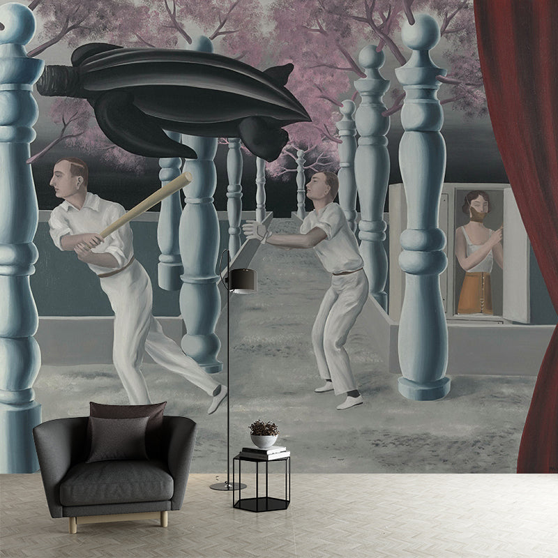Secret Player Artistic Murals Surrealism Smooth Wall Decor in Grey-Pink for Living Room