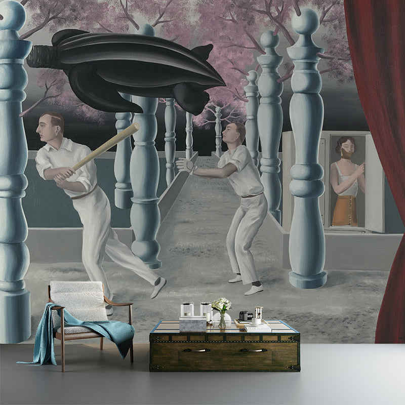 Secret Player Artistic Murals Surrealism Smooth Wall Decor in Grey-Pink for Living Room