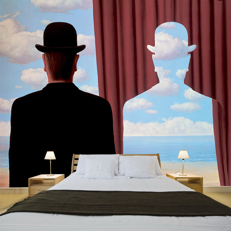 Red-Blue Surrealist Wall Mural Decal Large Rene Magritte Decalcomania Wall Decor for Living Room