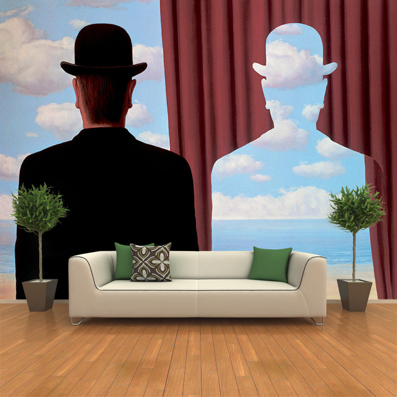 Red-Blue Surrealist Wall Mural Decal Large Rene Magritte Decalcomania Wall Decor for Living Room