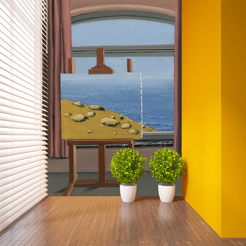 Surrealist La Condition Humanine Murals Non-Woven Waterproof Yellow-Brown Wall Art for Living Room