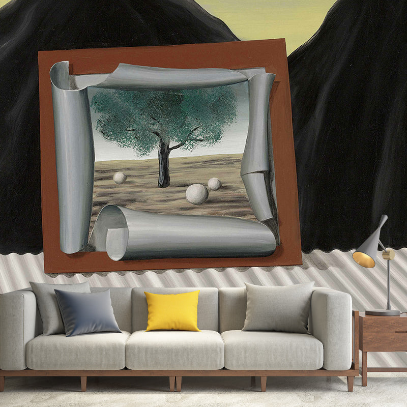 Custom Illustration Surreal Wall Mural with Rene Magritte the Signs of Evening Painting in Grey-Black