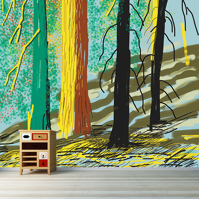 Art Deco Yosemite Trees Murals for Bedroom Customized Wall Covering in Red-Yellow-Green