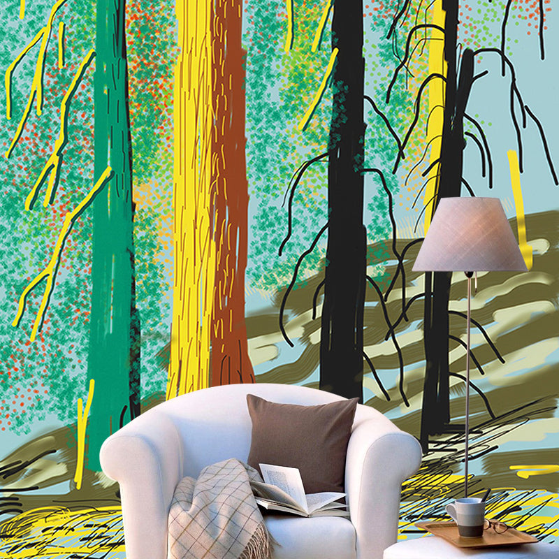 Art Deco Yosemite Trees Murals for Bedroom Customized Wall Covering in Red-Yellow-Green