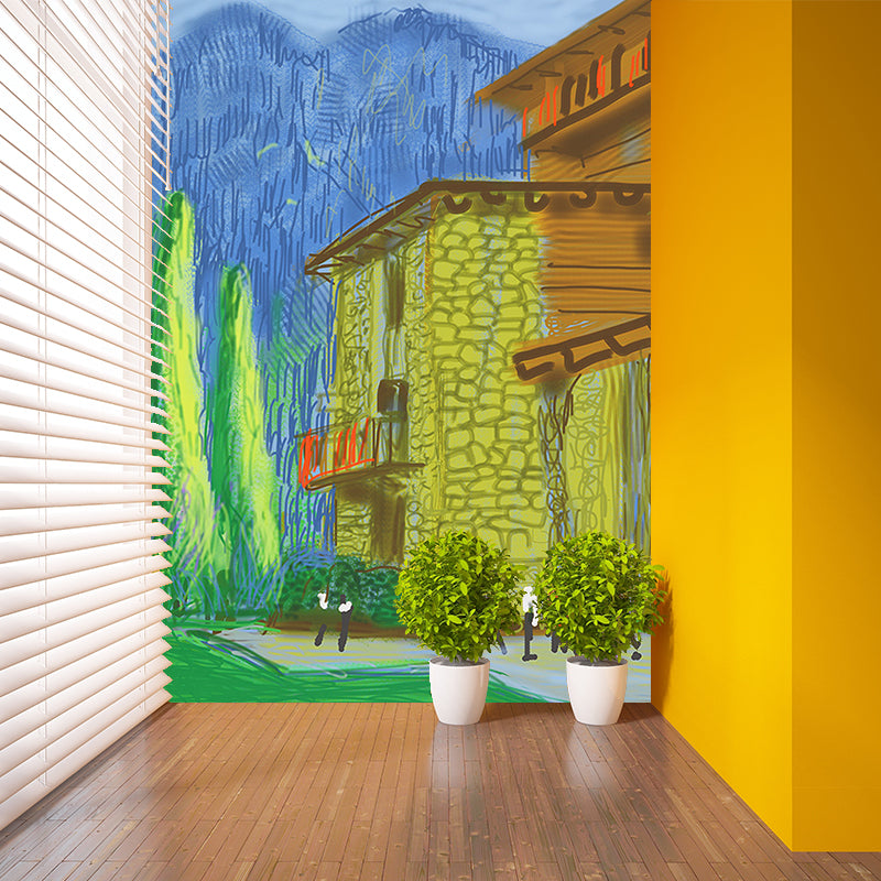 Pop Art Resort Wallpaper Murals Blue-Orange-Yellow Hockney Digital Painting Wall Decor