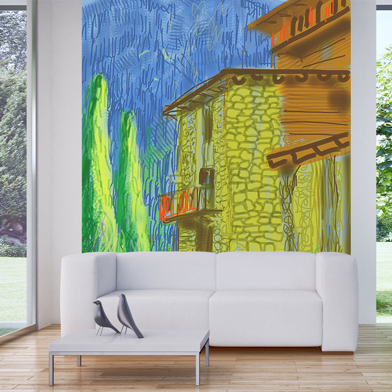 Pop Art Resort Wallpaper Murals Blue-Orange-Yellow Hockney Digital Painting Wall Decor