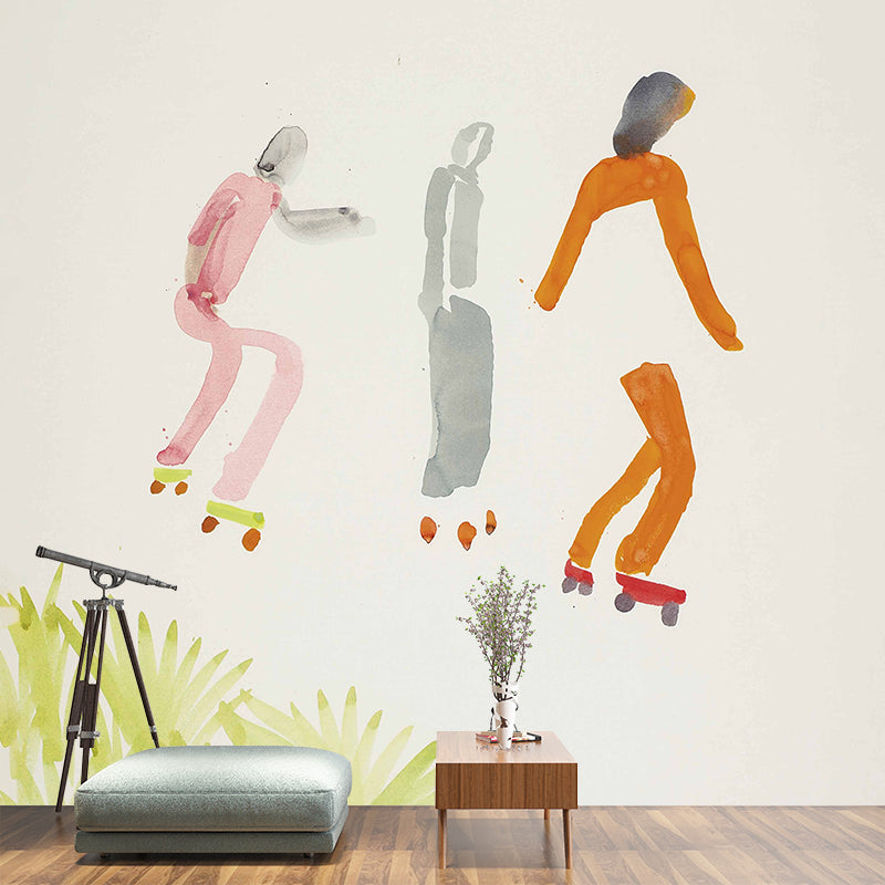 Modern Art Boys Wallpaper Murals with Ice Skating Drawing Pink-Orange Wall Covering