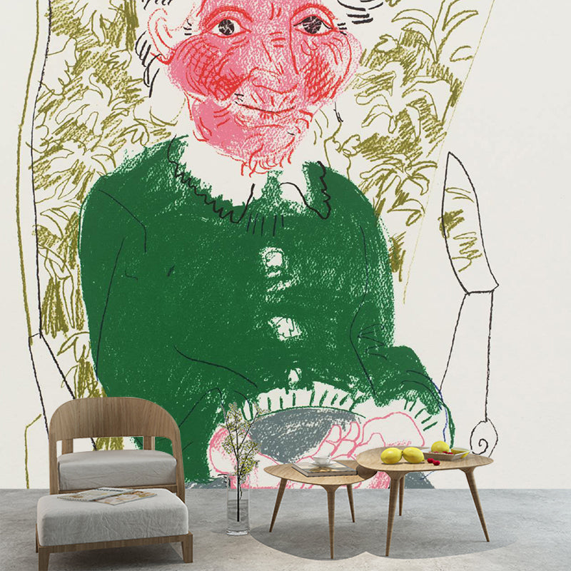 Non-Woven Large Pink-Green Mural Artistic David Hockney Portrait of Mother Wall Decor, Custom Printed