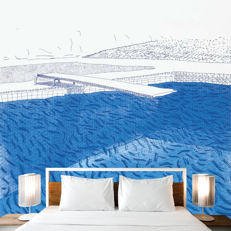 Blue-White Artistry Wallpaper Murals Whole Swimming Pool with Fishes Drawing Wall Decor for Hall