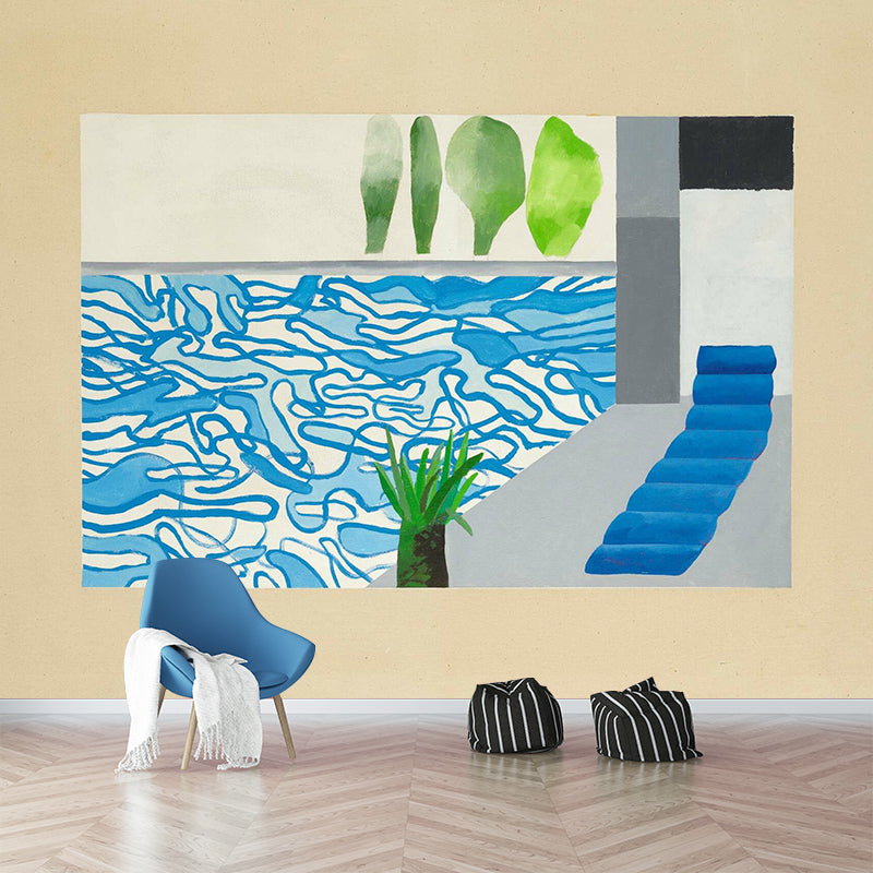 Blue-Green Swimming Pool Murals David Hockney Painting Artistic Waterproof Wall Decoration