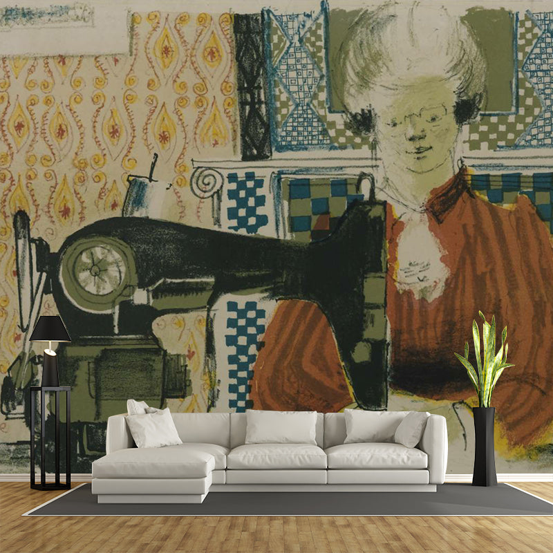 Artistry Mom Sewing Painting Mural Decal Yellow-Brown Living Room Wall Decor, Custom Made