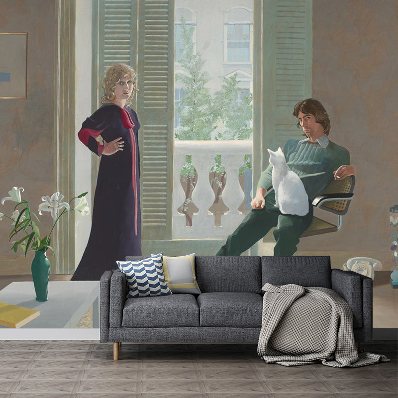 Full Size Modern Art Murals in Brown Hockney Painting of Mr and Mrs Clark and Percy Wall Covering, Custom-Print
