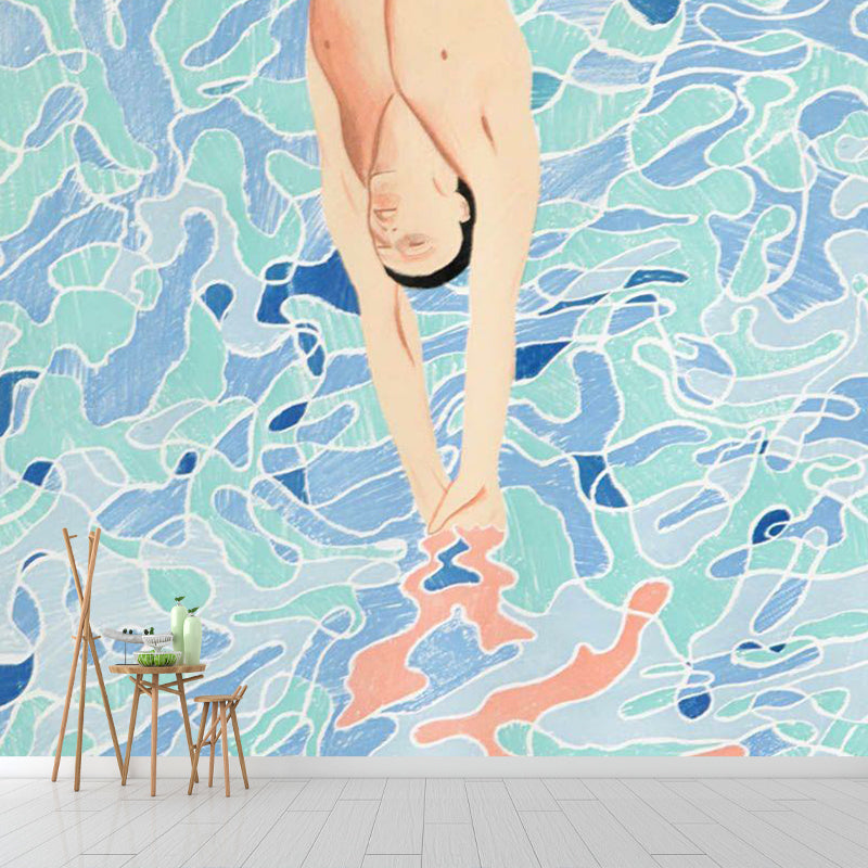 Blue Jumping into Pool Murals Wallpaper Waterproofing Artistic Bathroom Wall Decoration