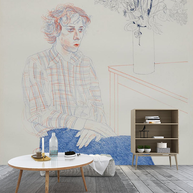 Large Hockney Artwork Mural Decal Artistic An Image of Gregory Wall Covering in Orange-Blue