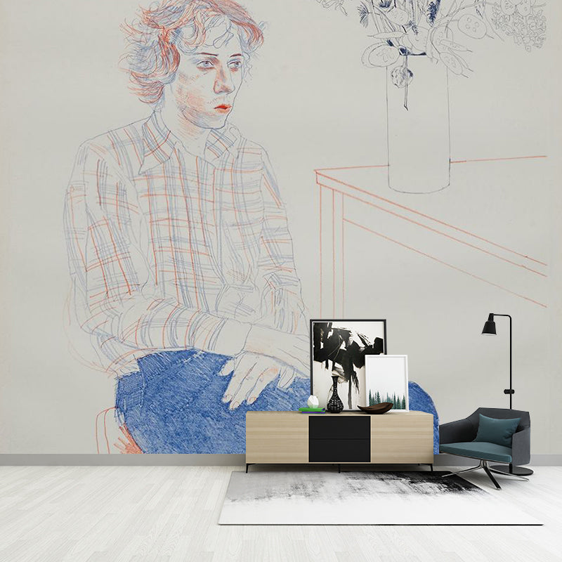 Large Hockney Artwork Mural Decal Artistic An Image of Gregory Wall Covering in Orange-Blue