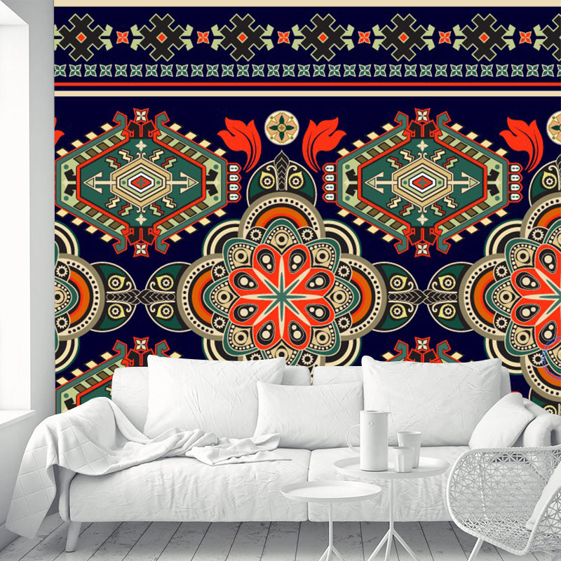 Bohemia Seamless Flower Wall Mural Red-Green Symmetry Wall Art for Living Room Decor