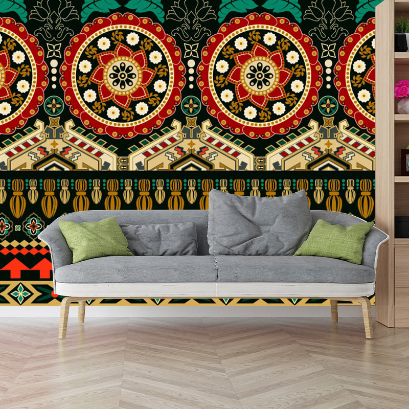 Mandala Seamless Pattern Wallpaper Mural Bohemian Non-Woven Cloth Wall Art in Yellow-Green