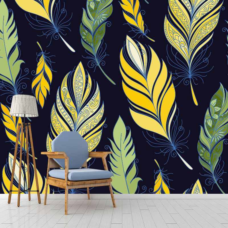 Exotic Feathers Print Wall Murals for Living Room, Yellow-Green, Custom Size Available