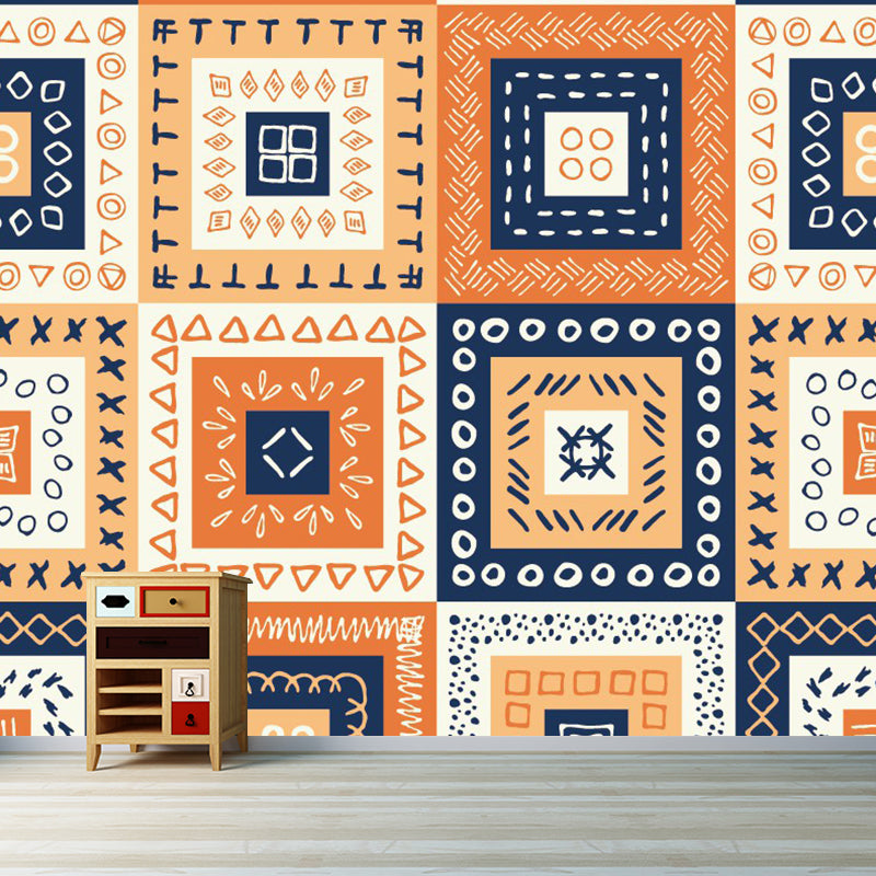 Bohemian Style Squares Wallpaper Mural Blue-Orange-Yellow Bedroom Wall Art, Custom Size