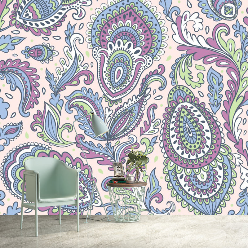 Blue-Purple Boho Chic Mural Wallpaper Extra Large Peacock Elements Wall Art for Bedroom