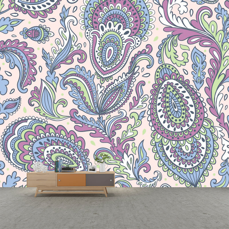 Blue-Purple Boho Chic Mural Wallpaper Extra Large Peacock Elements Wall Art for Bedroom