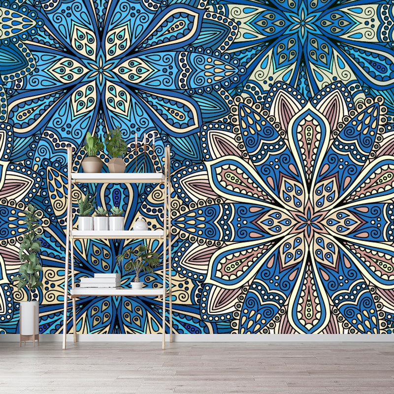 Blue Flower Blossom Murals Decal Washable Bohemian Style Bedroom Wall Decoration