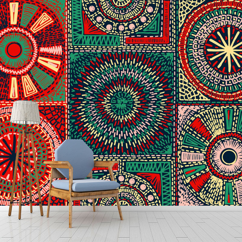 Bohemian Style Floral Wall Mural Red-Yellow-Green Mandala Pattern Wall Art, Customized Size