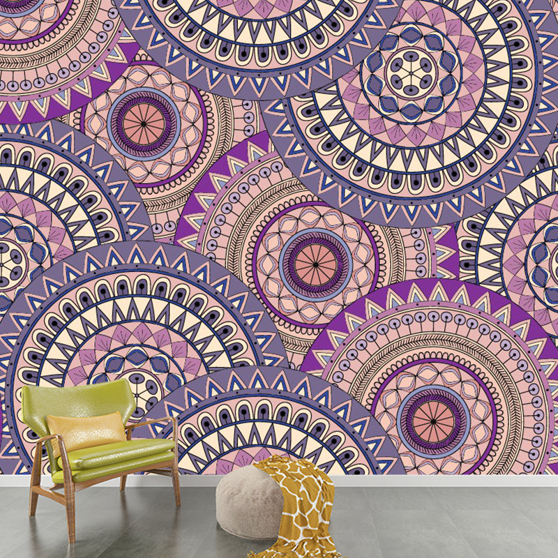 Boho Floral Circles Wall Mural Decal Purple Moisture Resistant Wall Covering for Bedroom