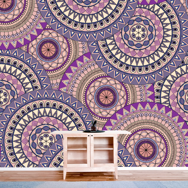 Boho Floral Circles Wall Mural Decal Purple Moisture Resistant Wall Covering for Bedroom