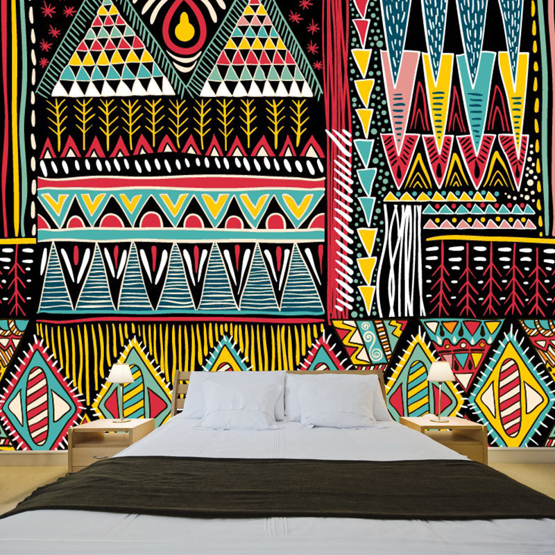 Boho Tribal Symbol Wall Mural Red-Yellow-Green Geometry Wall Covering for Bedroom