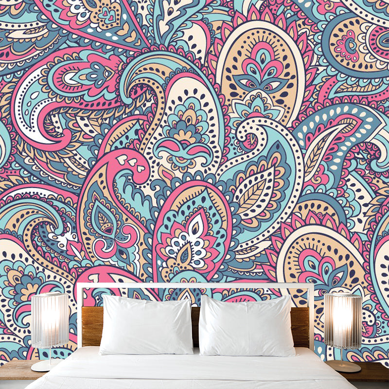 Paisley Wall Covering Murals Pink-Yellow-Green Bohemian Style Wall Decor for Bedroom