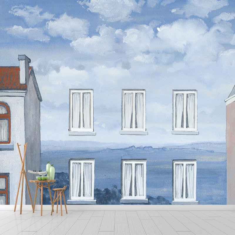 Surrealist LEtat De Veille Murals for Living Room Custom Wall Decoration in Blue-White