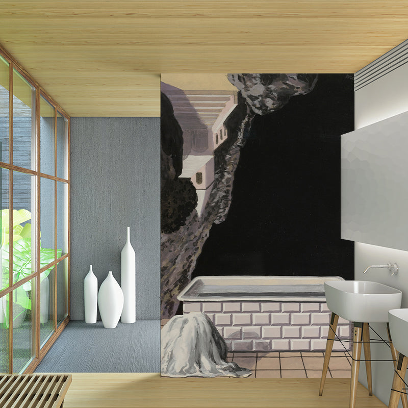 Large Tub at Courtyard Mural Decal for Bathroom Artistry Wall Decor in Black-Brown, Waterproof