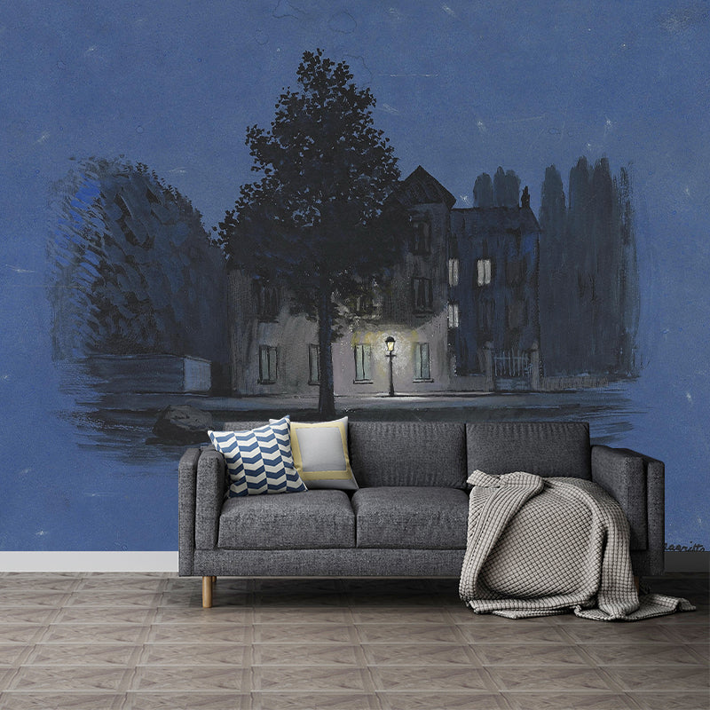 Surrealist L'autre Parole Wall Mural in Black-Blue Living Room Wall Covering, Made to Measure