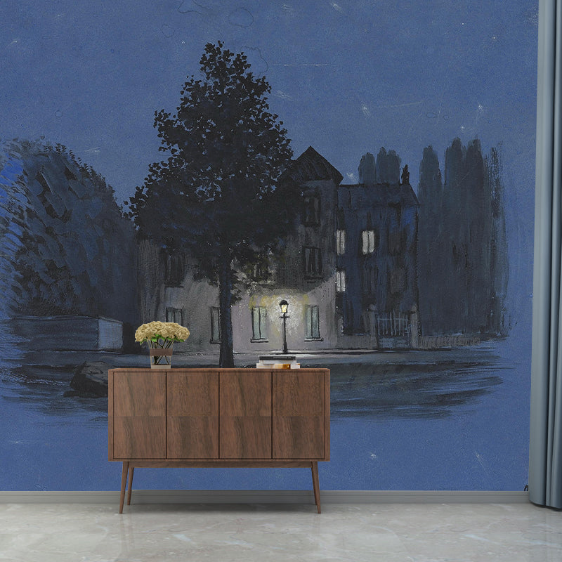 Surrealist L'autre Parole Wall Mural in Black-Blue Living Room Wall Covering, Made to Measure
