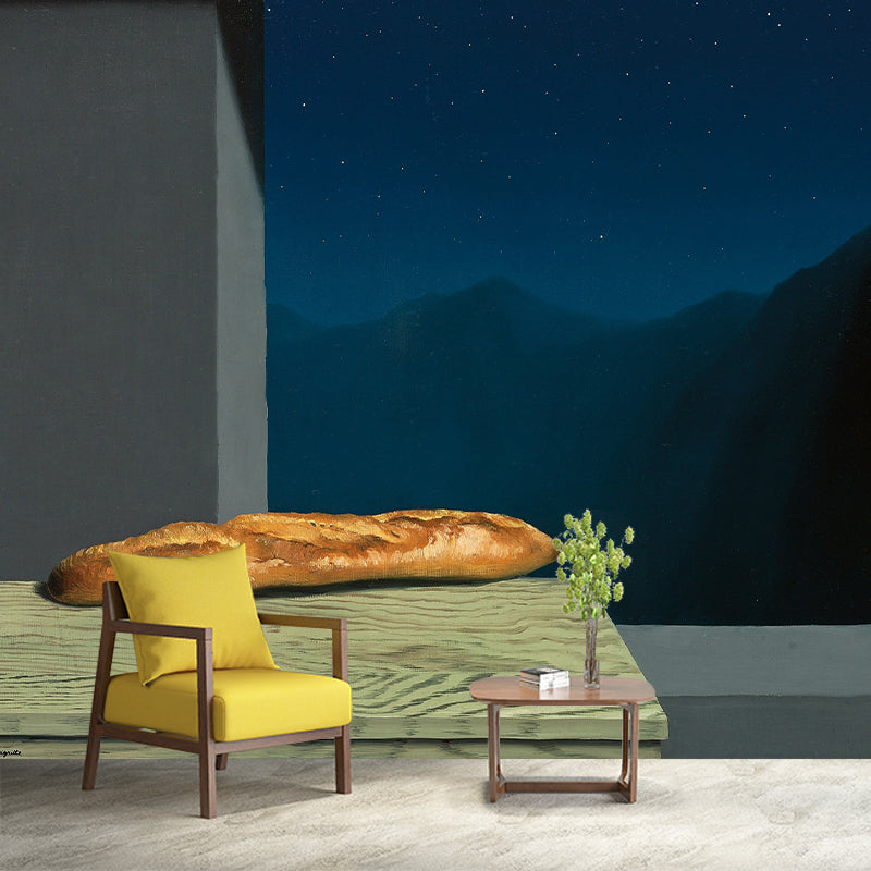 Full Size Baguette Wall Mural Decal Stain-Proof Surrealist Kitchen Wall Art in Blue-Yellow-Green