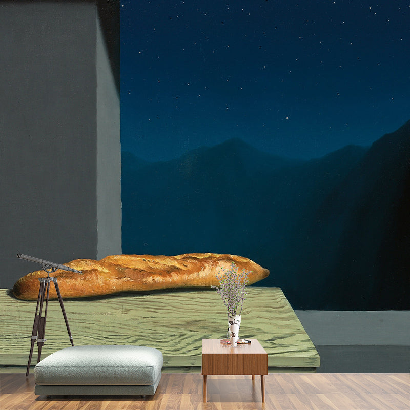Full Size Baguette Wall Mural Decal Stain-Proof Surrealist Kitchen Wall Art in Blue-Yellow-Green