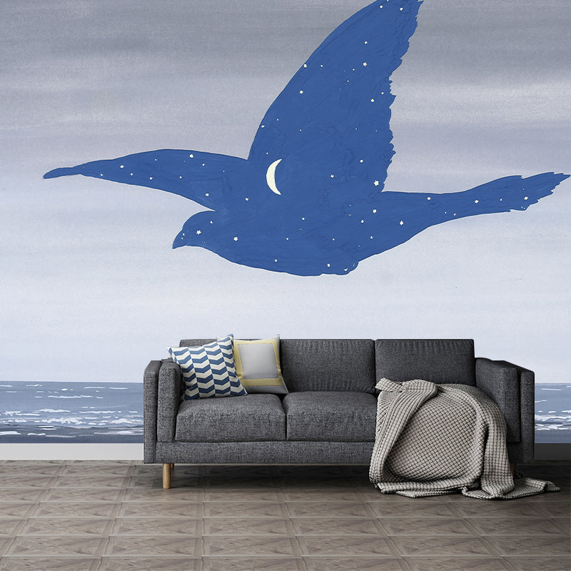 Surrealistic Sea Gull Wallpaper Murals Grey-Blue Moisture Resistant Wall Covering for Bedroom