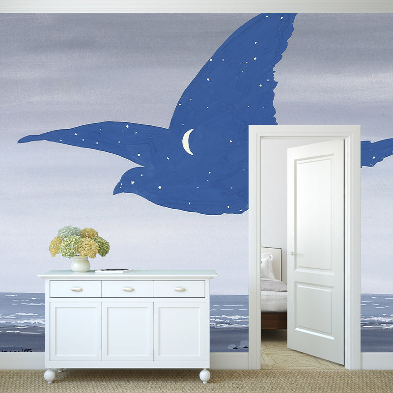 Surrealistic Sea Gull Wallpaper Murals Grey-Blue Moisture Resistant Wall Covering for Bedroom