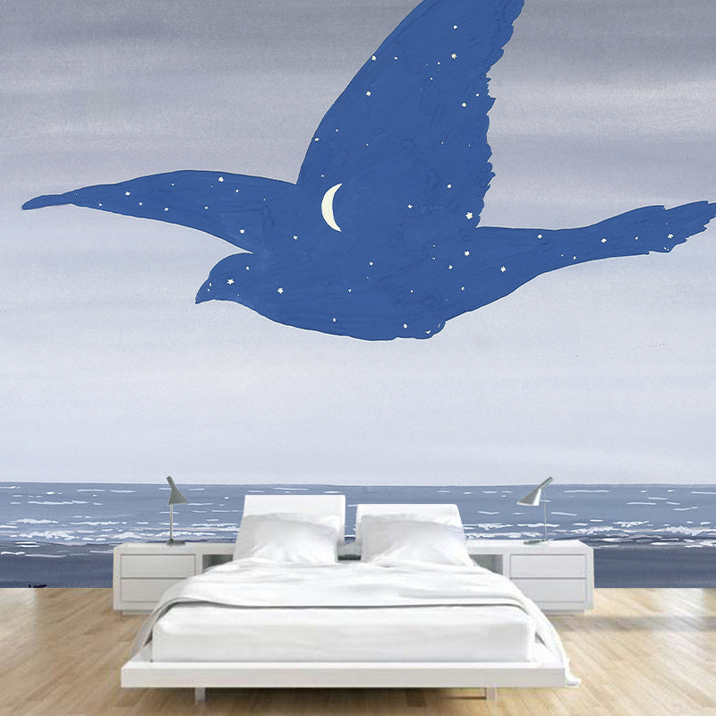 Surrealistic Sea Gull Wallpaper Murals Grey-Blue Moisture Resistant Wall Covering for Bedroom