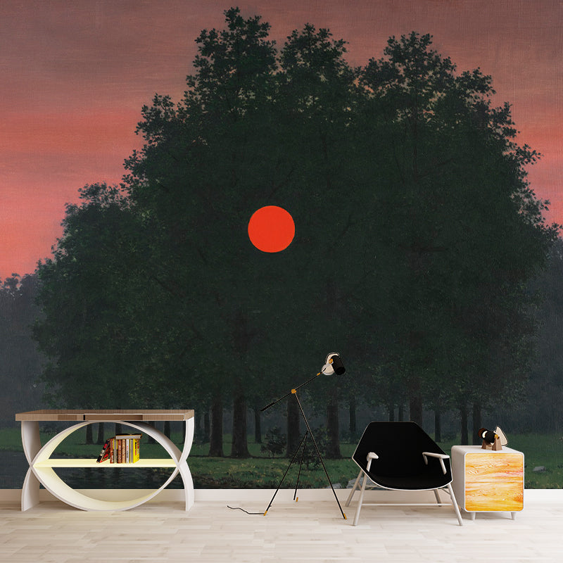 Illustration Forest Sunset Wall Murals for Living Room, Black-Pink, Custom Size Available